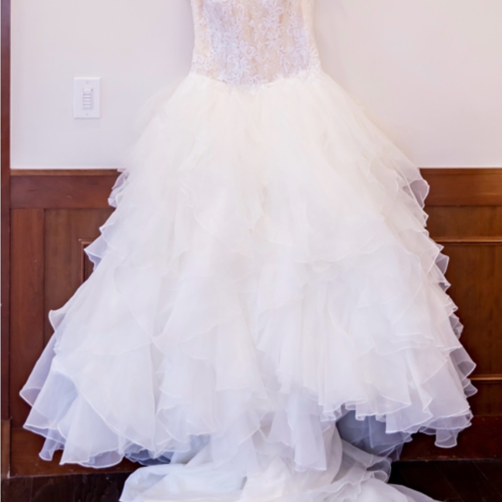 Oleg Cassini Organza Ruffle Skirt Wedding Dress, #CWG568 Ivory/Champagne size 14